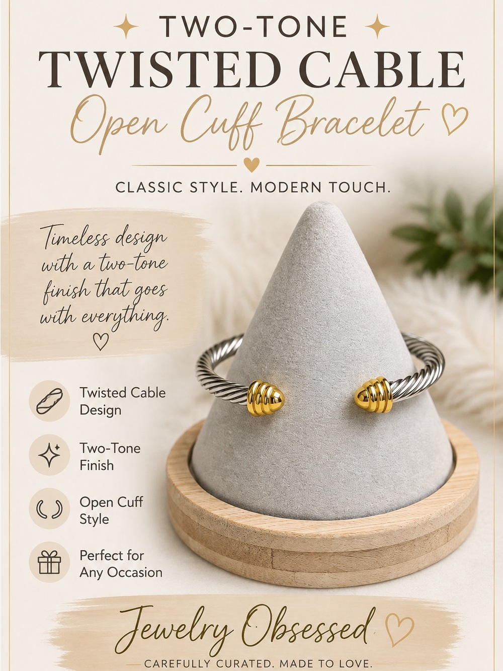 Two-Tone Twisted Cable Open Cuff Bracelet